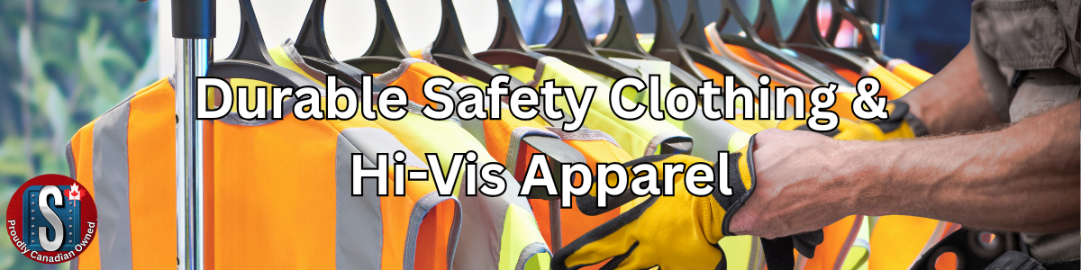 High-visibility safety vests and gloves hanging on a rack, with text reading "Durable Safety Clothing & Hi-Vis Apparel," Image represents Skookum Tools' protective workwear and hi-vis safety clothing category.